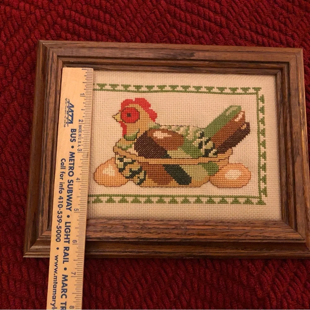 Framed Vintage  Cross-Stitch Nesting Hen with Eggs Rustic Farmhouse Whimsical - Picture 8 of 12